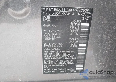 2017 Nissan Rogue Sv z USA, uszkodzony, nr VIN KNMAT2MV5HP546406